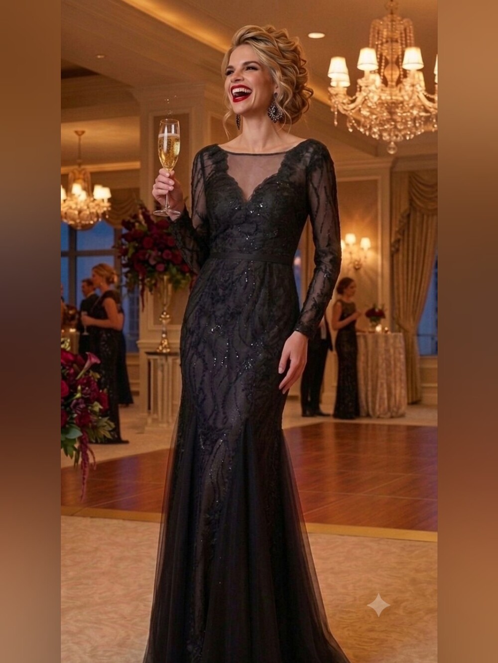 NWT Size 10 Basix Black Label Black Long Sleeve Embellished Evening Gown